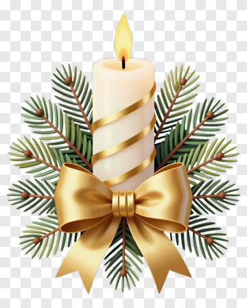 Candle With Gold Bow And Pine Branches PNG