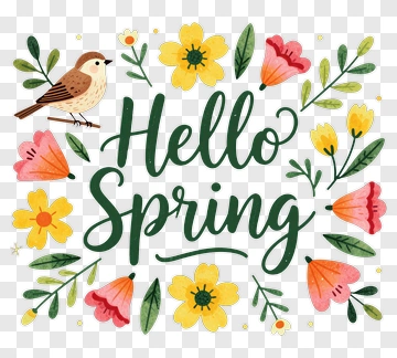 Hello Spring With Bird And Flowers PNG