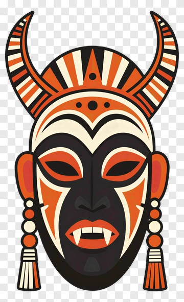 Tribal Ceremonial Mask With Horns And Tassels PNG