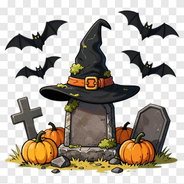Witch Hat On Gravestone With Pumpkins PNG