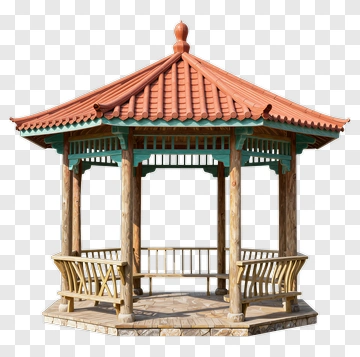 Traditional Wooden Gazebo With Orange Roof PNG
