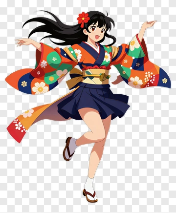 Anime Girl Dancing In Colorful Kimono PNG