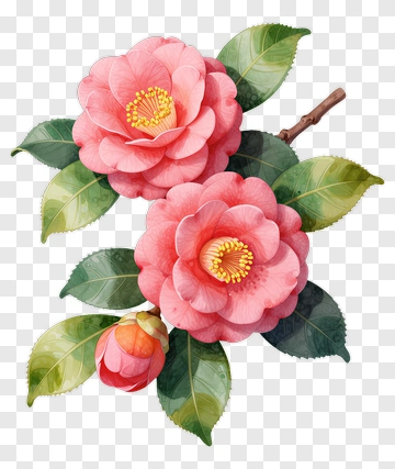Pink Camellia Blossoms With Green Leaves PNG