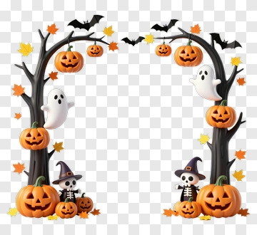 Halloween Scene With Pumpkins Ghosts And Skeletons PNG