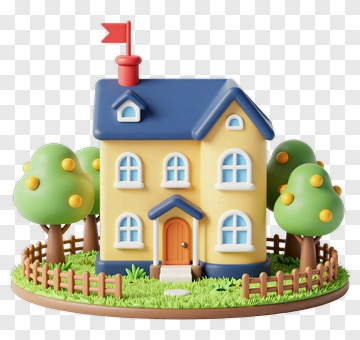 Cute Cartoon House With Trees And Fence PNG