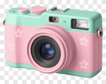 Pink And Mint Green Camera With Cherry Blossoms PNG