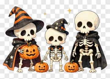 Three Skeletons In Halloween Costumes PNG
