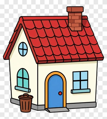 Cartoon House With Red Roof And Blue Door PNG