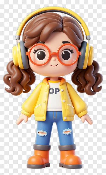 Cartoon Girl With Headphones And Glasses PNG