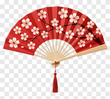 Red Cherry Blossom Fan With Tassel PNG
