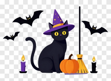 Witch Cat Halloween Scene PNG