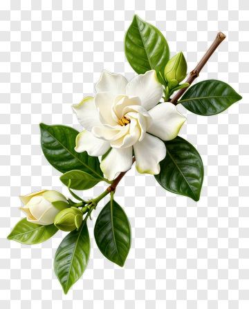Gardenia Flower With Buds And Leaves PNG