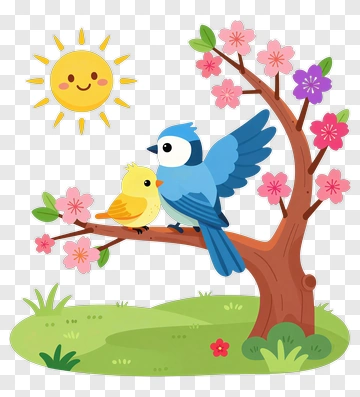 Blue And Yellow Birds On Blossoming Tree PNG
