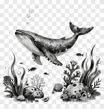 Whale Swimming Among Seaweed And Shells PNG