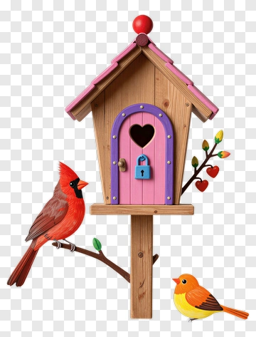 Cardinal And Small Bird Near Birdhouse PNG