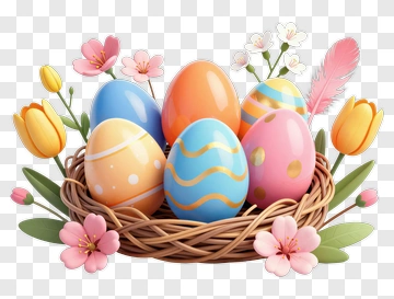 Easter Eggs In Wicker Basket With Flowers PNG