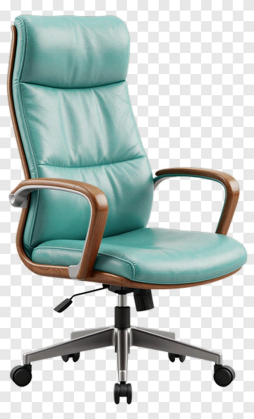 Cyan Leather Office Chair With Wooden Arms PNG