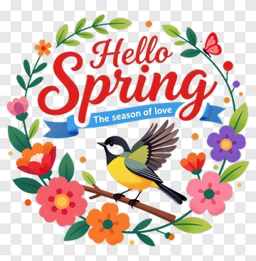 Hello Spring With Bird And Flowers PNG