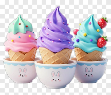 Three Colorful Ice Creams In Bunny Bowls PNG