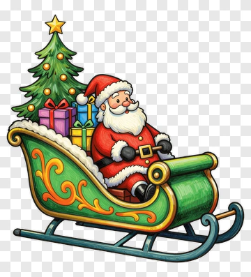 Santa Claus In Sleigh With Christmas Tree And Gifts PNG