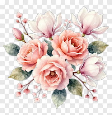 Pink Roses And Magnolia Bouquet PNG