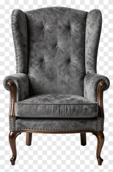 Classic Gray Velvet Wingback Armchair PNG