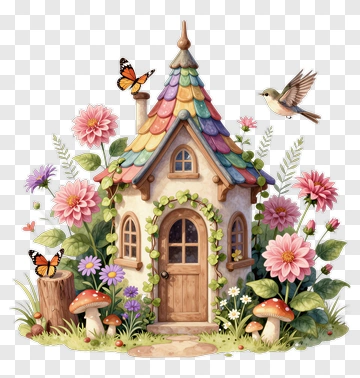 Whimsical Fairy House In Blooming Garden PNG