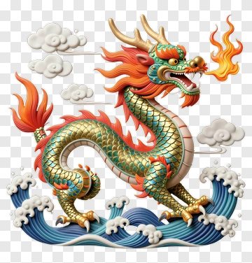 Chinese Dragon With Fire And Waves PNG