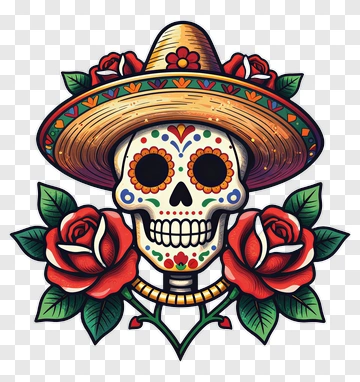 Sugar Skull With Sombrero And Roses PNG