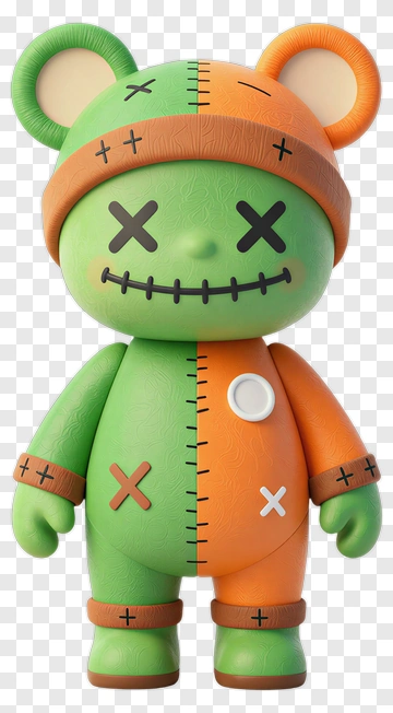 Stitched Bear Toy With Green And Orange Patchwork PNG