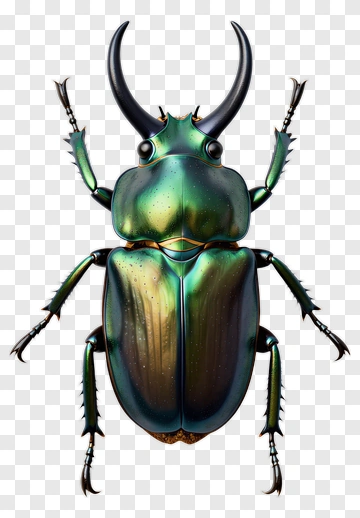 Rhinoceros Beetle With Metallic Green And Blue Shell PNG