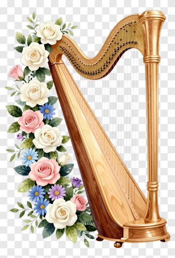 Golden Harp With Floral Decoration PNG