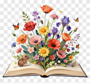Flower Bouquet Emerging From Open Book PNG