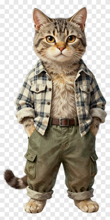 Cat In Plaid Shirt And Cargo Pants PNG