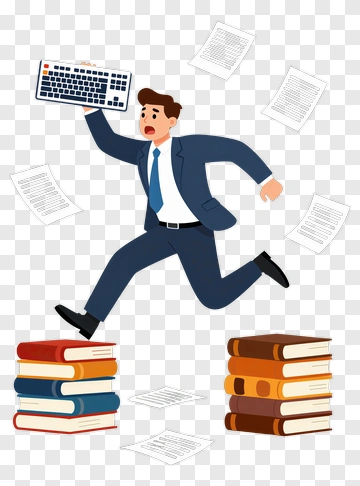 Businessman Jumps Over Books Holding Keyboard PNG