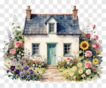 Charming Cottage Surrounded By Flowers PNG