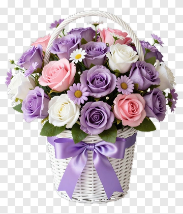 Purple And Pink Rose Bouquet In White Basket PNG