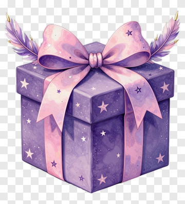 Purple Gift Box With Pink Bow And Feather PNG
