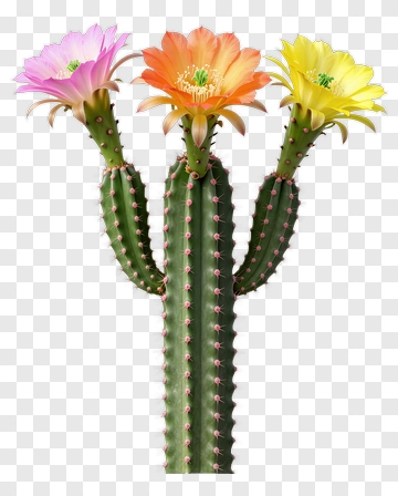 Cactus With Three Colorful Flowers PNG