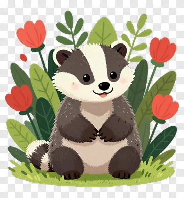 Cute Badger Among Flowers PNG
