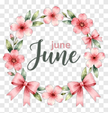 June Floral Wreath With Pink Bows PNG