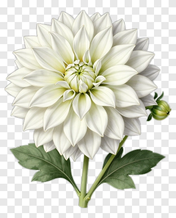 White Dahlia With Green Leaves PNG