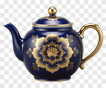 Blue Ceramic Teapot With Gold Flower Design PNG