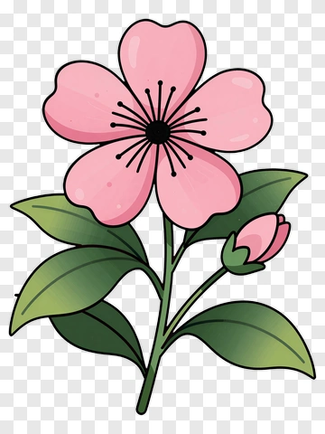 Pink Flower With Leaves And Bud PNG