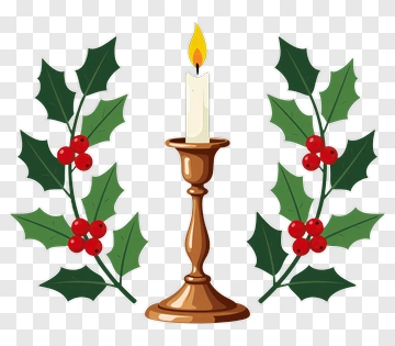 Candle And Holly Branches PNG