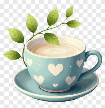 Blue Tea Cup With Green Leaves PNG