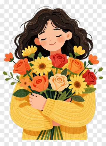 Woman Holding Bouquet Of Flowers PNG