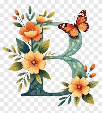Letter B With Butterfly And Flowers PNG