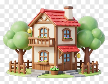 Cute Cartoon House With Trees And Fence PNG