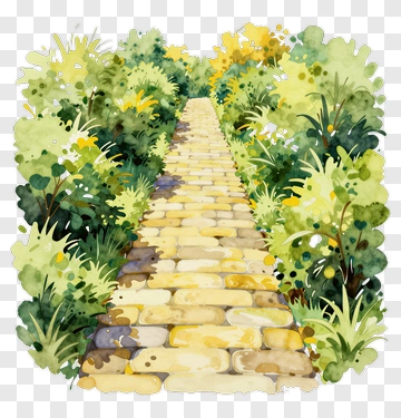 Yellow Brick Path Through Lush Garden PNG